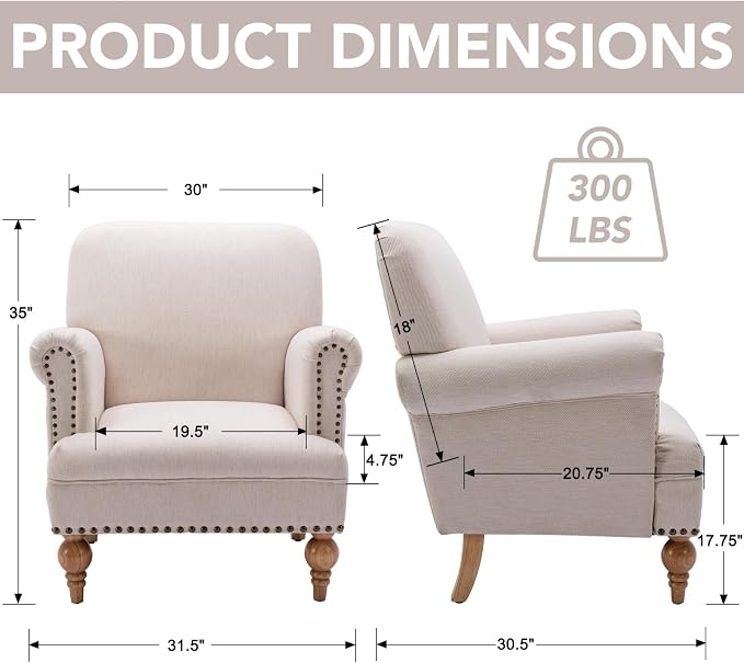 Beige Linen Fabric Accent Chair, Modern Farmhouse Upholstered Armchair - Image 2