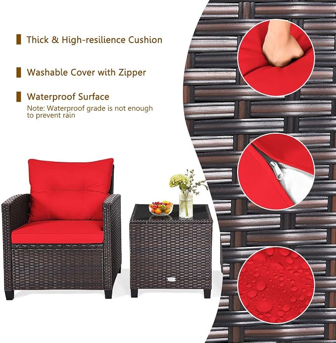 HAPPYGRILL 3 Pieces Patio Conversation Set, Outdoor Furniture Set PE Rattan - Image 6