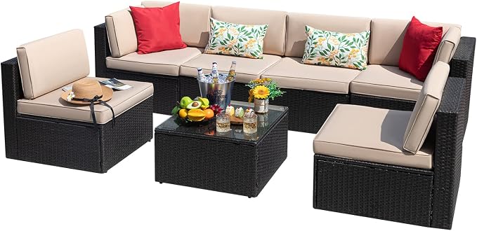 Devoko 7 Pieces Outdoor Sectional Sofa Patio Furniture Sets Manual Weaving - Image 9