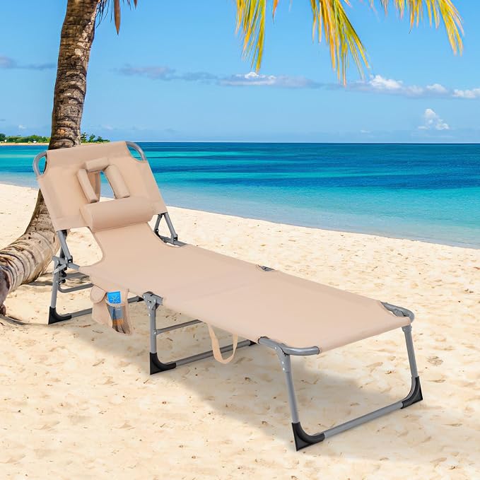 Goplus Tanning Chair, Folding Adjustable Patio Lounge Chair - Image 2