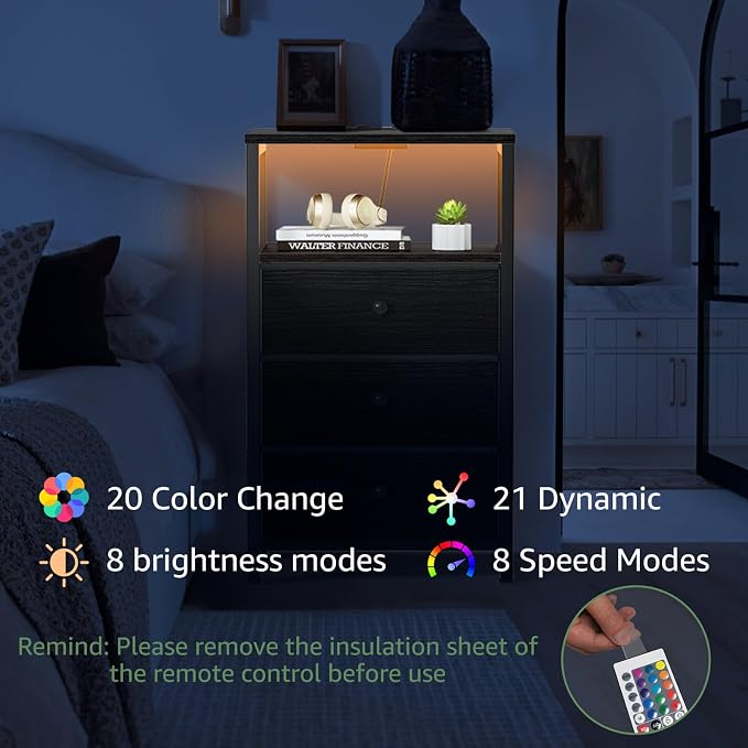 BOLUO Black Night Stand with 3 Fabric Drawers, Nightstand with Charging Station - Image 6
