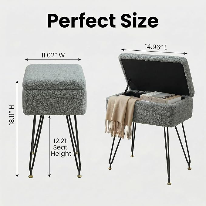 Vanity Stool Chair, Faux Teddy Fur Ottoman Foot Stool - Image 2