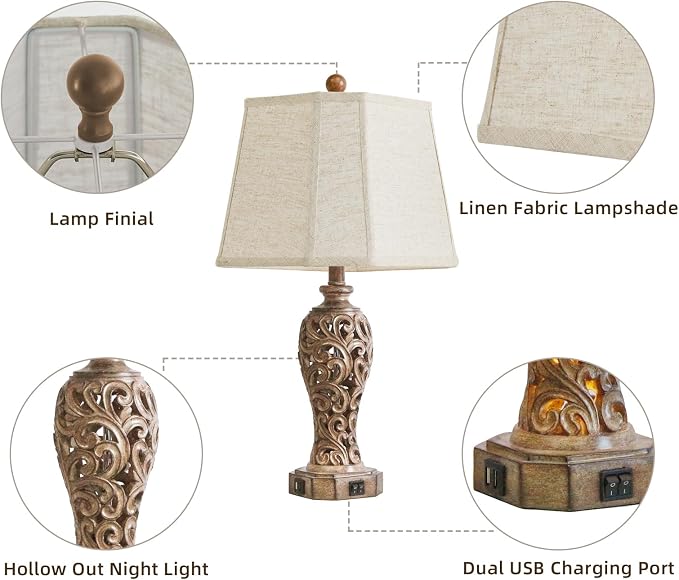 Set of 2 Rustic Table Lamps for Living Room Bedroom, 2 USB Ports 25'' Vintage - Image 5