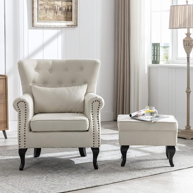 Mid Century Modern Accent Chair Upholstered Armchair Comfy Linen Fabric Tufted - Image 6