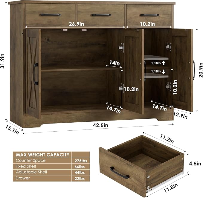 HOSTACK Modern Farmhouse Buffet Sideboard Cabinet, Barn Doors Storage Cabinet - Image 3