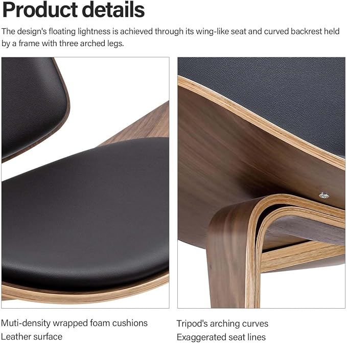 Furgle Mid Century Modern Shell Lounge Chair, PU Leather, Tripod Plywood - Image 6