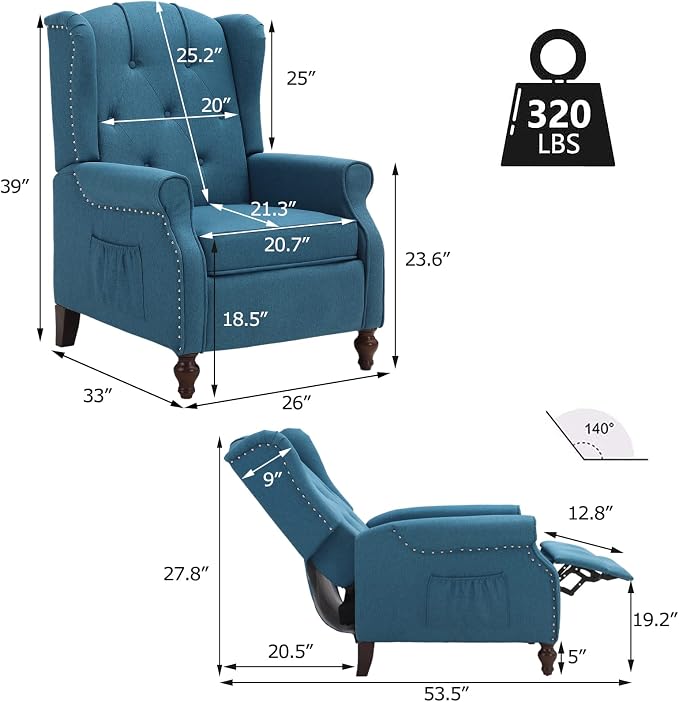 Wingback Recliner with Massage and Heat, Tufted Fabric Push Back Recliner Chair - Image 2