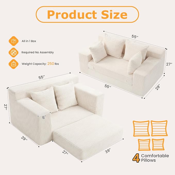 Boneless Loveseat Sleeper Sofa Bed, 3-in-1 Convertible Sofa Bed and Futon Couch - Image 2