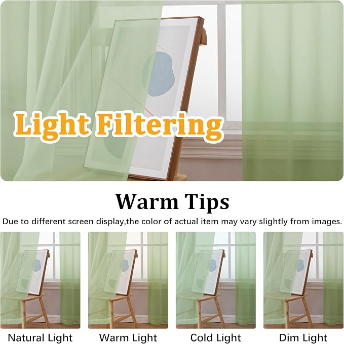 Gwine Light Green Sheer Curtains 30 Inch Length, Short Light Filtering Voile - Image 5