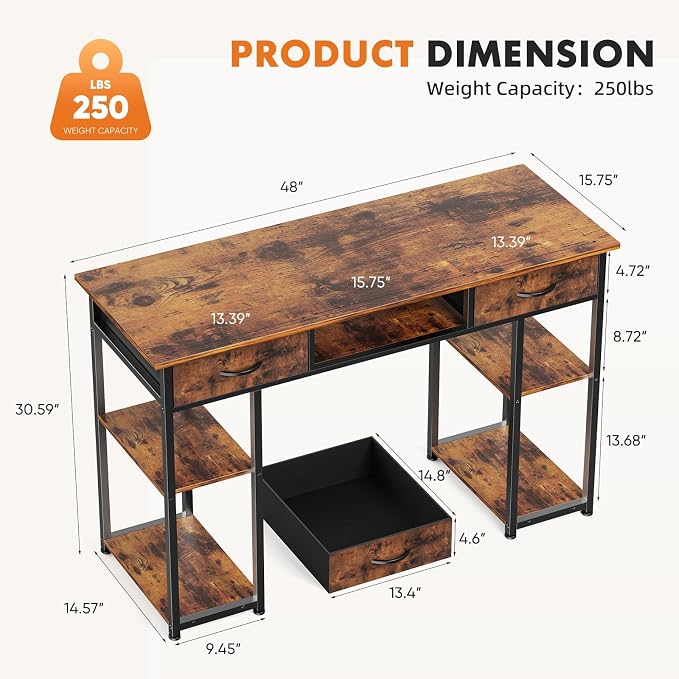 Sweetcrispy Desk with Fabric Drawers, Computer Office 48 Inch Gaming Writing - Image 3
