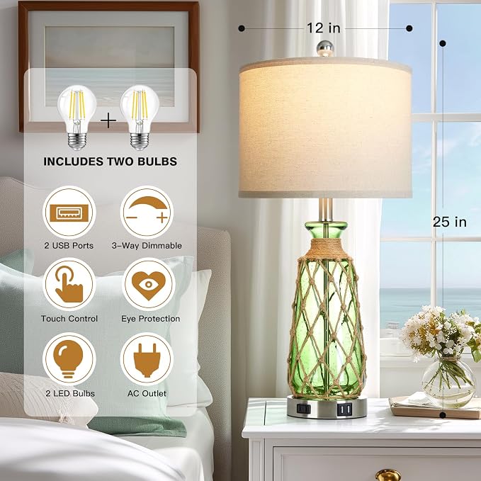 Ruzectt 25.5" Green Glass Table Lamps Set of 2, 3-Way Dimmable Touch Control - Image 2