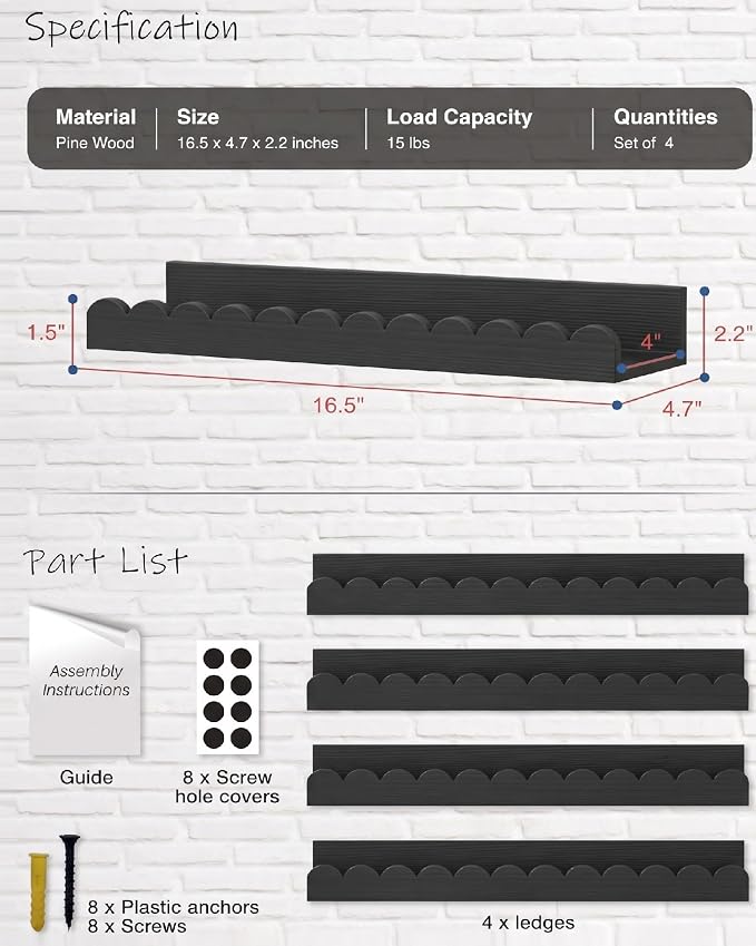 Harwaya Black Floating Nursery Wall Book Shelves Set of 4, Scalloped Shelves - Image 4