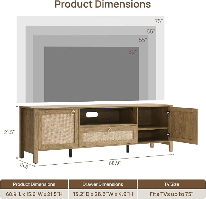 SICOTAS Rattan TV Stand for Living Room, Large Entertainment Center - Image 2
