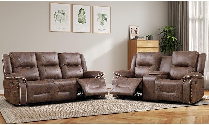 EBELLO Manual Recliner Sofa Set, Faux Leather Reclining Loveseat and 3 Seater - Image 6