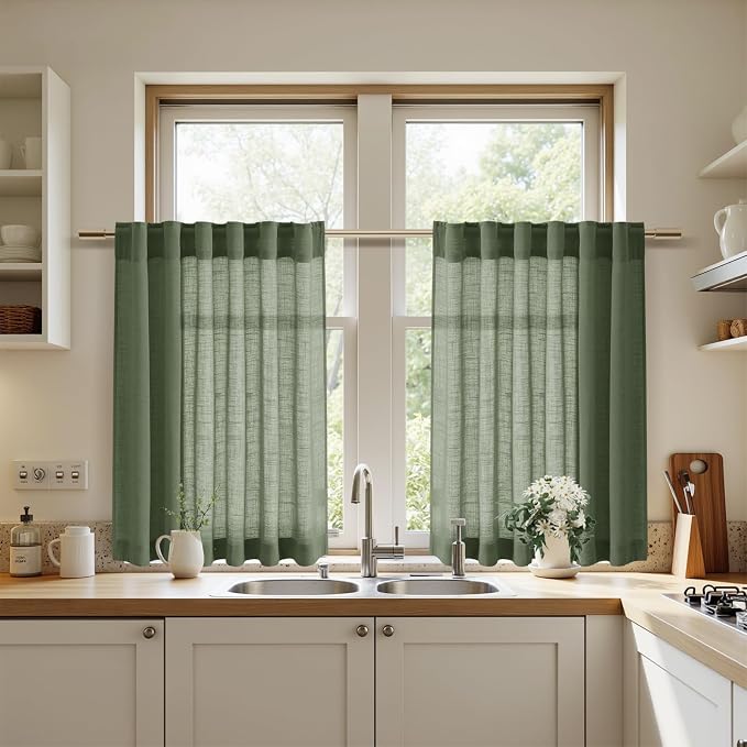 Nanspring Linen Kitchen Curtains 30 Inches Long 2 Panels Olive Green Semi Sheer - Image 7