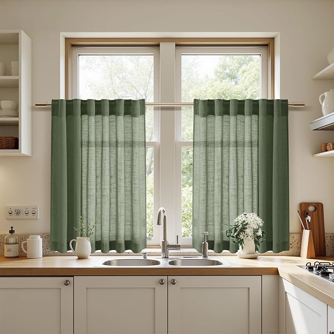 Nanspring Olive Green Cafe Linen Curtains 24 Inch Length 2 Panels Semi Sheer - Image 7