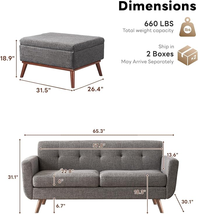 Tbfit 65" W Loveseat Sofa with Ottoman Coffee Table, Mid Century Modern Love - Image 2