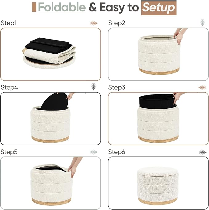 Round Storage Ottoman with Tray Lid, Folding Chenille Fabric Footrest with - Image 7