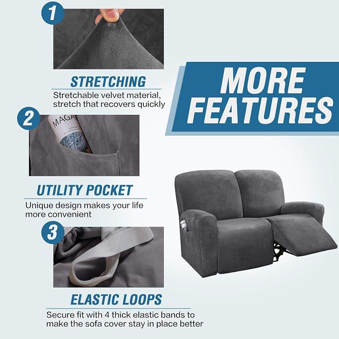 H.VERSAILTEX Velvet Stretch Recliner Couch Covers 6-Pieces Recliner Loveseat - Image 4