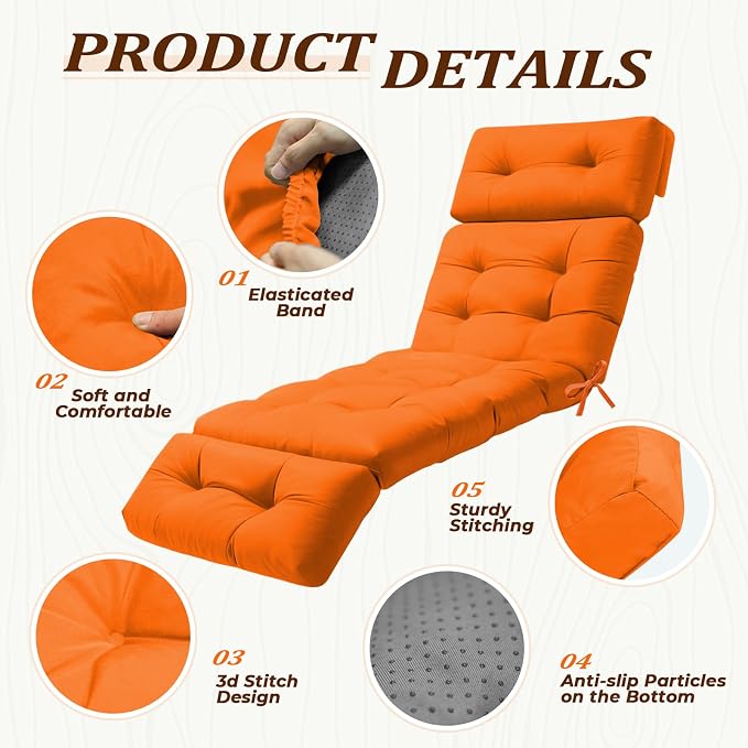 Outdoor Chaise Lounge Cushion, Waterproof 74.4x22x4.7 Inch Thick Cotton Filled - Image 3