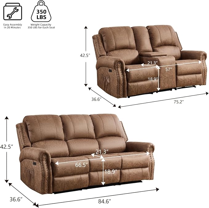 EBELLO 2 Pieces Power Reclining Sofa Set, Faux Leather Reclining Living Room - Image 2