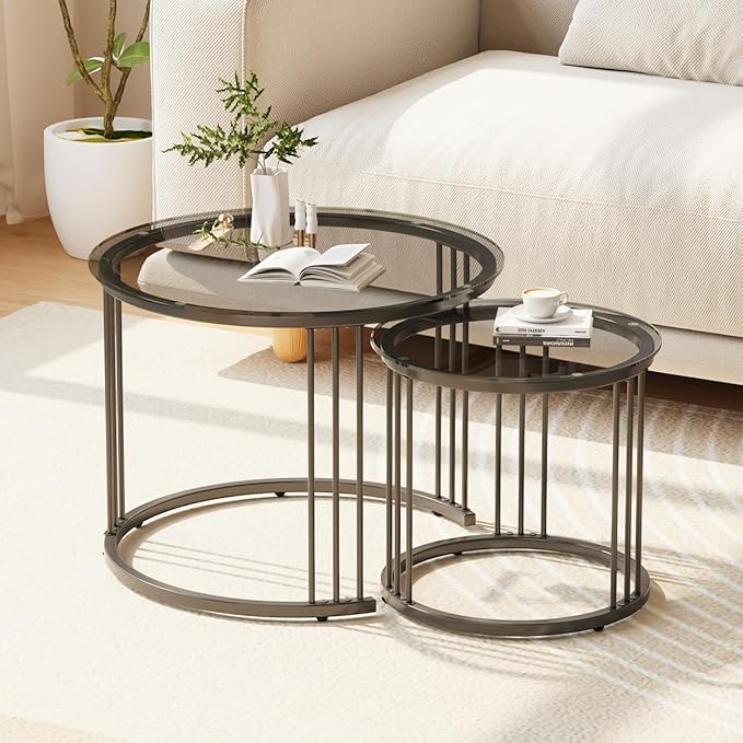 Garden 4 you Nesting Coffee Table, 23.6" Round Coffee Table Set of 2, Glass by Garden4you