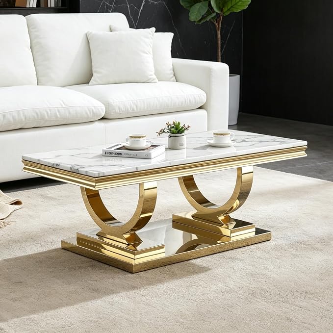 Henf 47" Marble Coffee Table Modern White Faux Marble Center Table by Henf