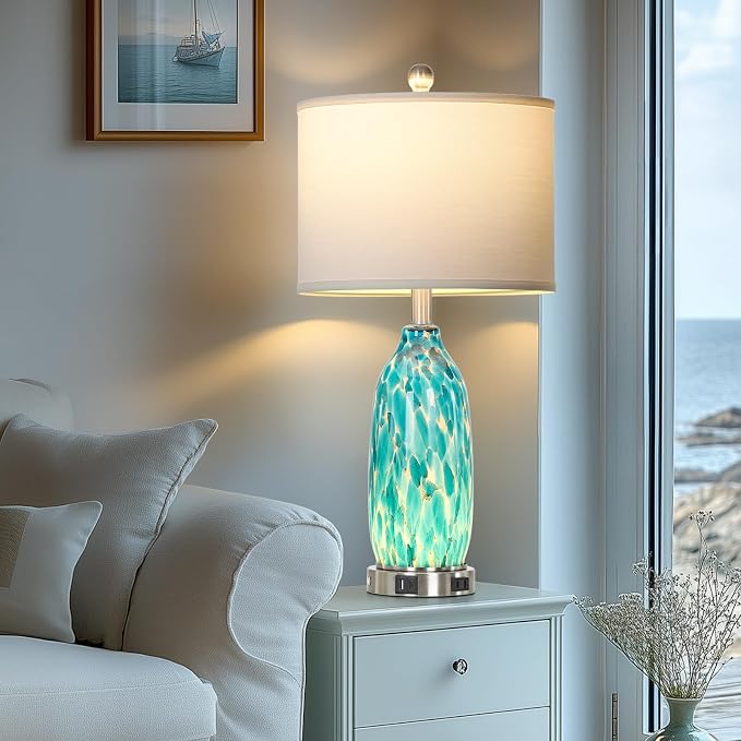 Rinweey 26" Peacock Green Glass Table Lamps Set of 2, Coastal Nautical Bedside - Image 5