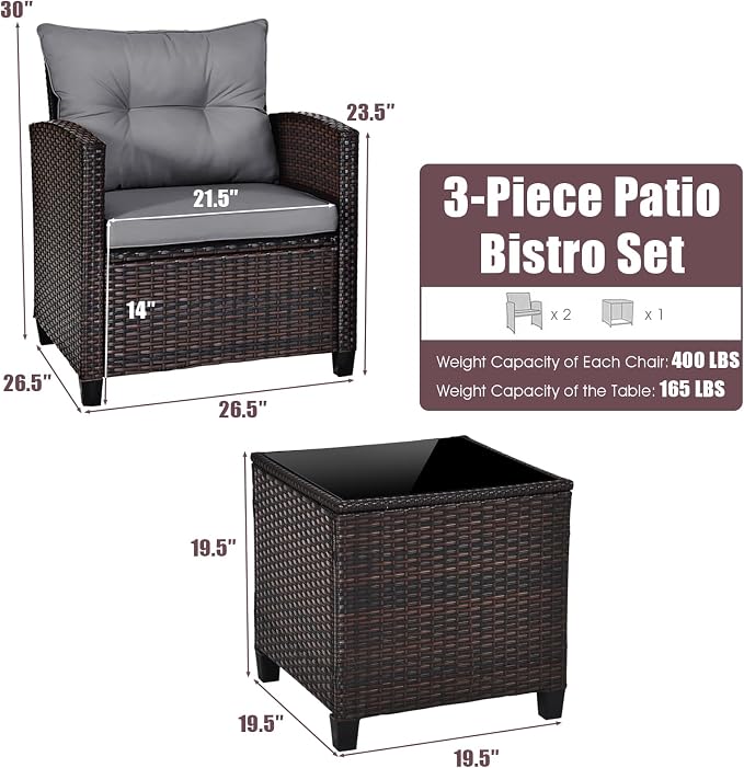 COSTWAY 3PCS Patio Furniture Set, PE Rattan Wicker Sofa w/Washable Cushion and - Image 5