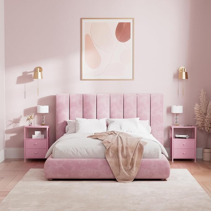 BOLUO Pink Nightstand with Charging Station, LED Night Stand with 2 Fabric - Image 2