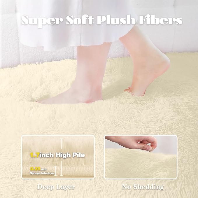 Cream White Round Rugs for Bedroom: 4ft Circle Fluffy Shag Soft Washable Rug - Image 2