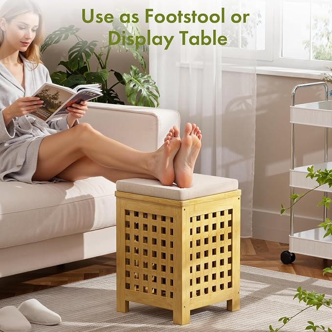 Bamboo End Table with Removable Cushion and Hidden Storage, 2-in-1 Ottoman Side - Image 4