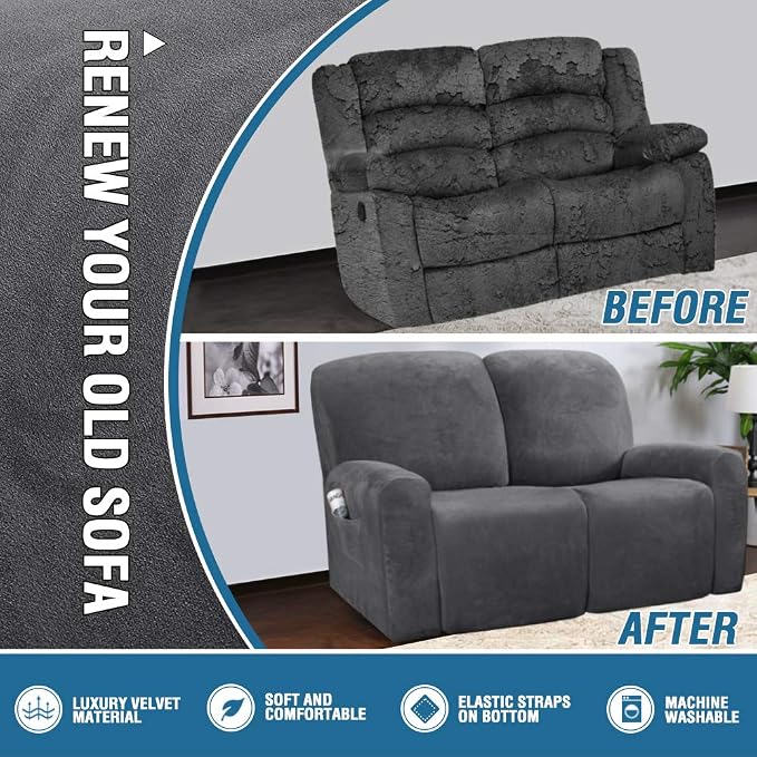 H.VERSAILTEX Velvet Stretch Recliner Couch Covers 6-Pieces Recliner Loveseat - Image 5