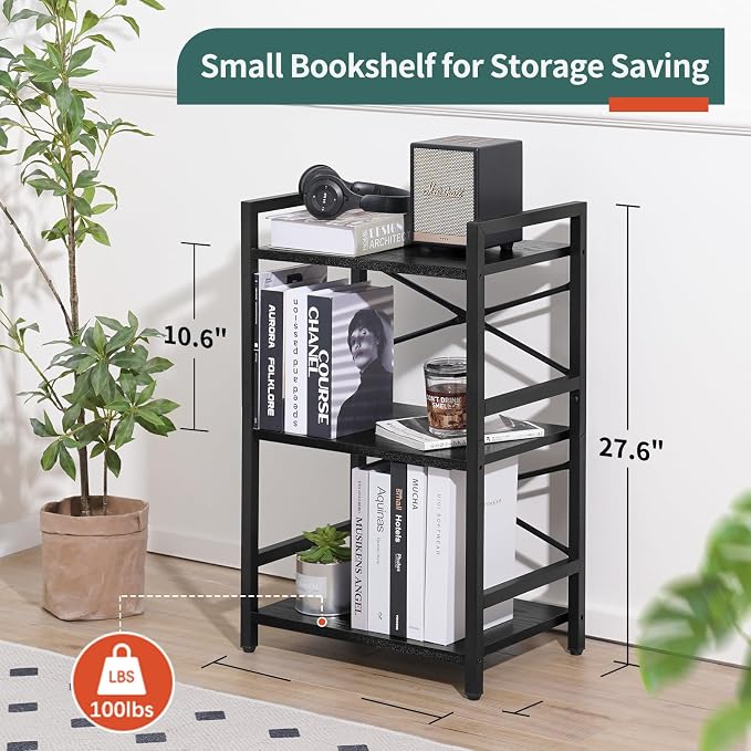 Yoobure Bookshelf Small Book Shelf, Solid Industrial 3 Tier Shelf Bookcase - Image 3