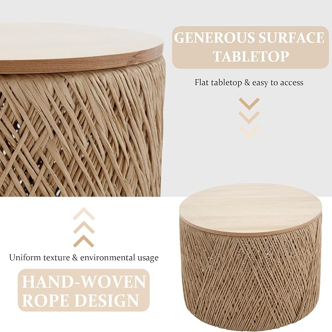 Kmax 24" Round Wood Nesting Coffee Table Set of 2 Handcraft Woven & Rope Rattan - Image 3