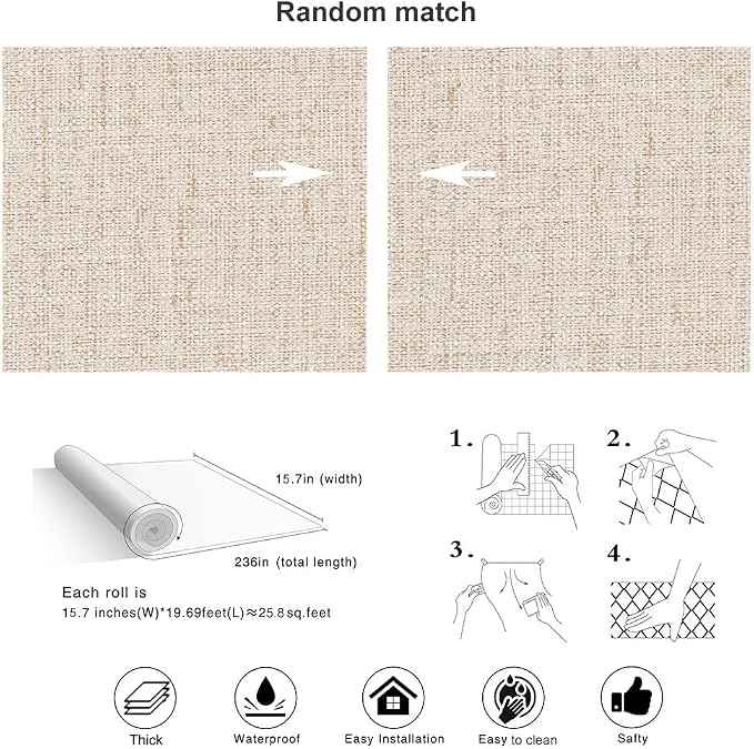 Beige Wallpaper Peel and Stick 472" Textured Beige Grasscloth Contact Paper - Image 4