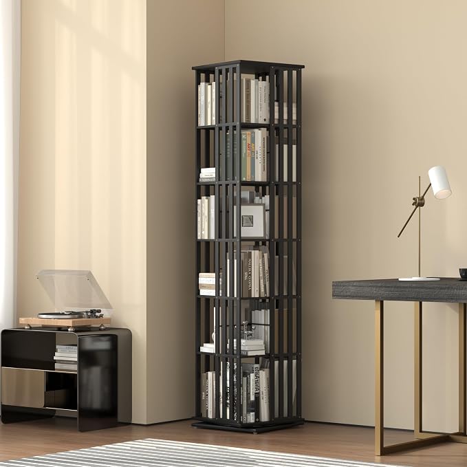 YOWOS Rotating Bookshelf Tower, 360° Display Spinning Bookcase, Bamboo - Image 2