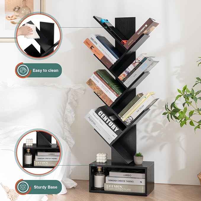 Yoobure Tree Bookshelf, 6 Tier Small Book Shelf Retro Floor Standing Bookcase - Image 8