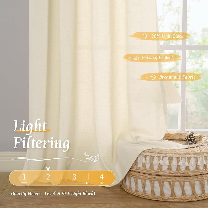 LAMIT 48 Inch Short Window Linen Curtains, Light Beige Soft Thick Light - Image 4