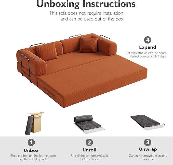79in Convertible Sofa Bed, Corduroy Boneless Couch Bed, Futon Sleeper Sofa Pull - Image 5