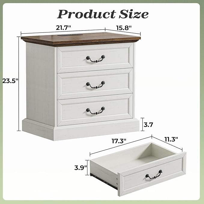 Huuger Nightstand with Charging Station, 3 Drawer Night Stand Set of 2 - Image 2