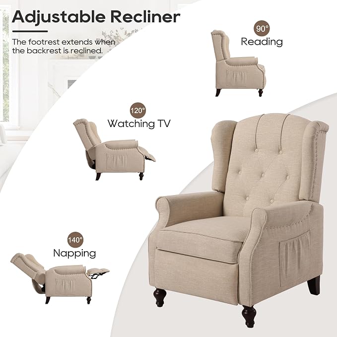 Wingback Recliner Chair with Massage and Heat, Tufted Fabric Push Back Recliner - Image 4