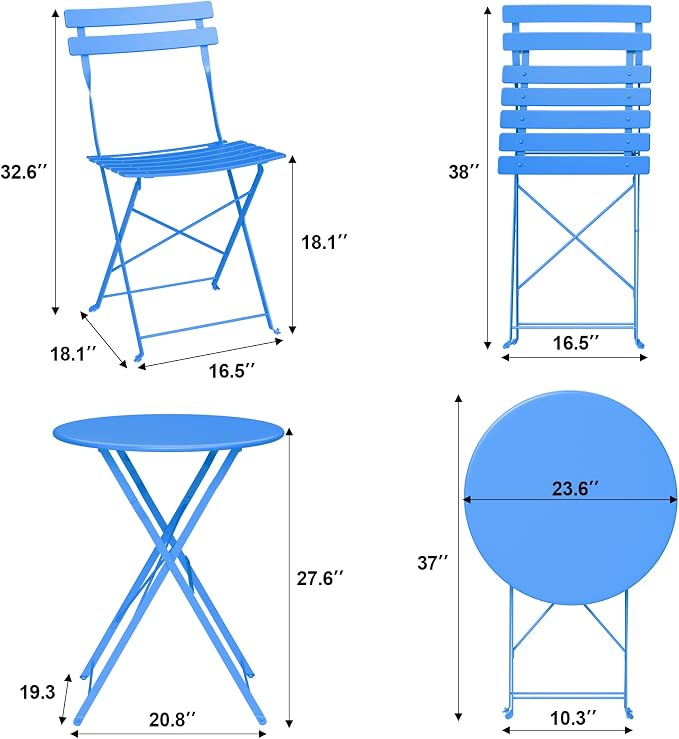 Bistro Table and Chairs Set of 2, 3 Piece Outdoor/Indoor Folding Patio Bistro - Image 3
