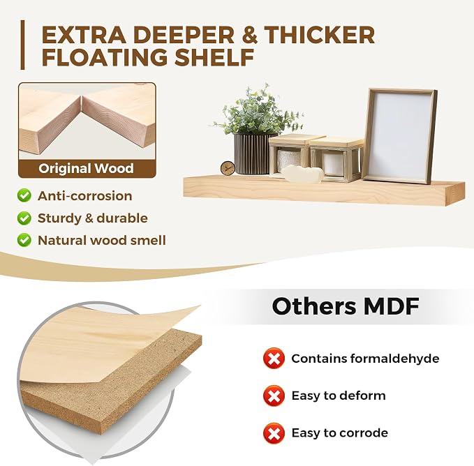 36x8x1.6 inch Floating Shelves Set of 2 – Solid Wood Rustic Wood Wall Mounted - Image 3