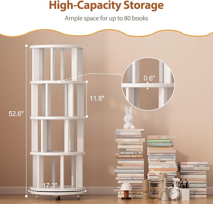 Muwuele Solid Wood Rotating Bookshelf on Wheels, 4 Tier, Round Revolving - Image 2