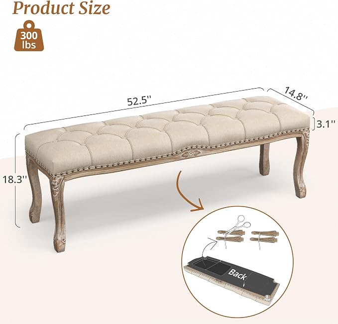 Cozyman Bedroom Bench, French Vintage Tufted Entryway 52.5" Carving Upholstered - Image 3