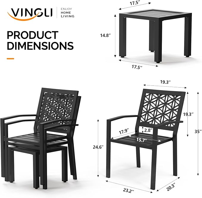 VINGLI 3-Piece Outdoor Bistro Set, Stackable Modern Metal Steel Table and Chairs - Image 5