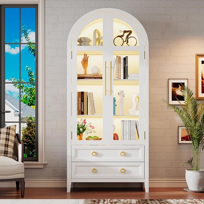 Arched Curio Cabinet with Glass Doors, 4-Tier Display Cabinet with 2 Drawers - Image 9