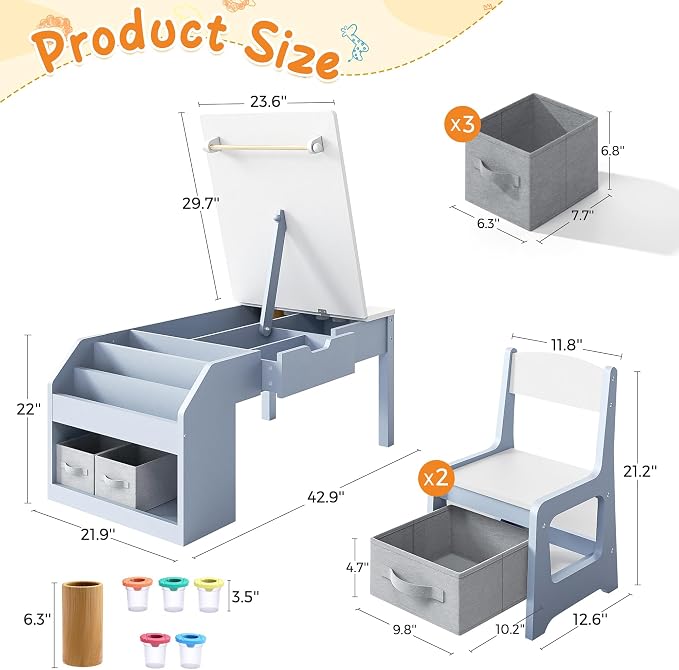 5-in-1 Kids Art Table and Chairs, Wood Toddler Table and Chair Set - Image 3