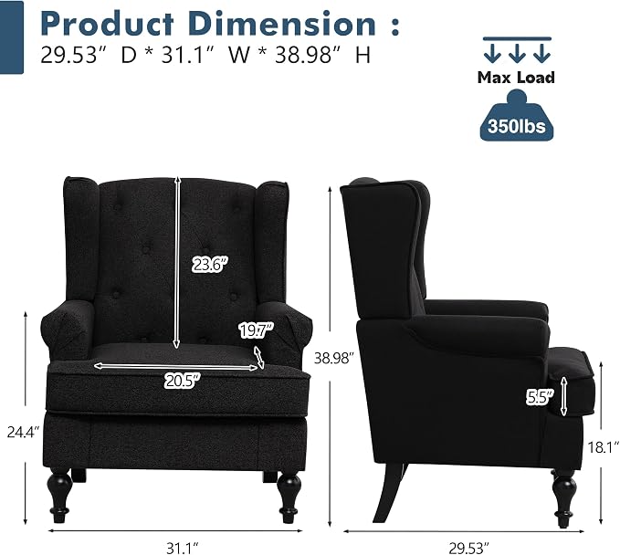 Accent Chair for Living Room, Mid Century Modern Upholstered Armchair, Wingback - Image 2